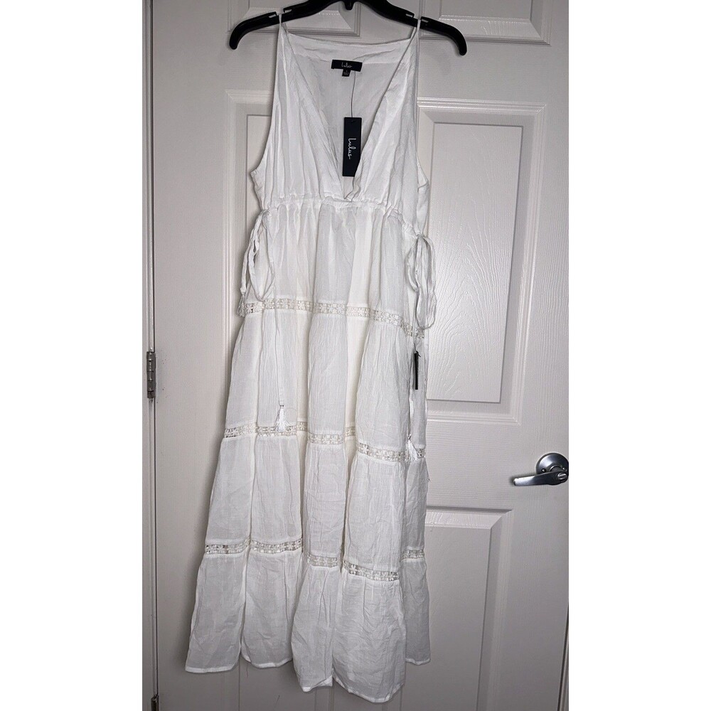 NWT Lulus Dress Women's White Maxi Tiered Embroidered L